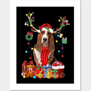 Basset Hound Reindeer Santa Christmas Color Lights Posters and Art